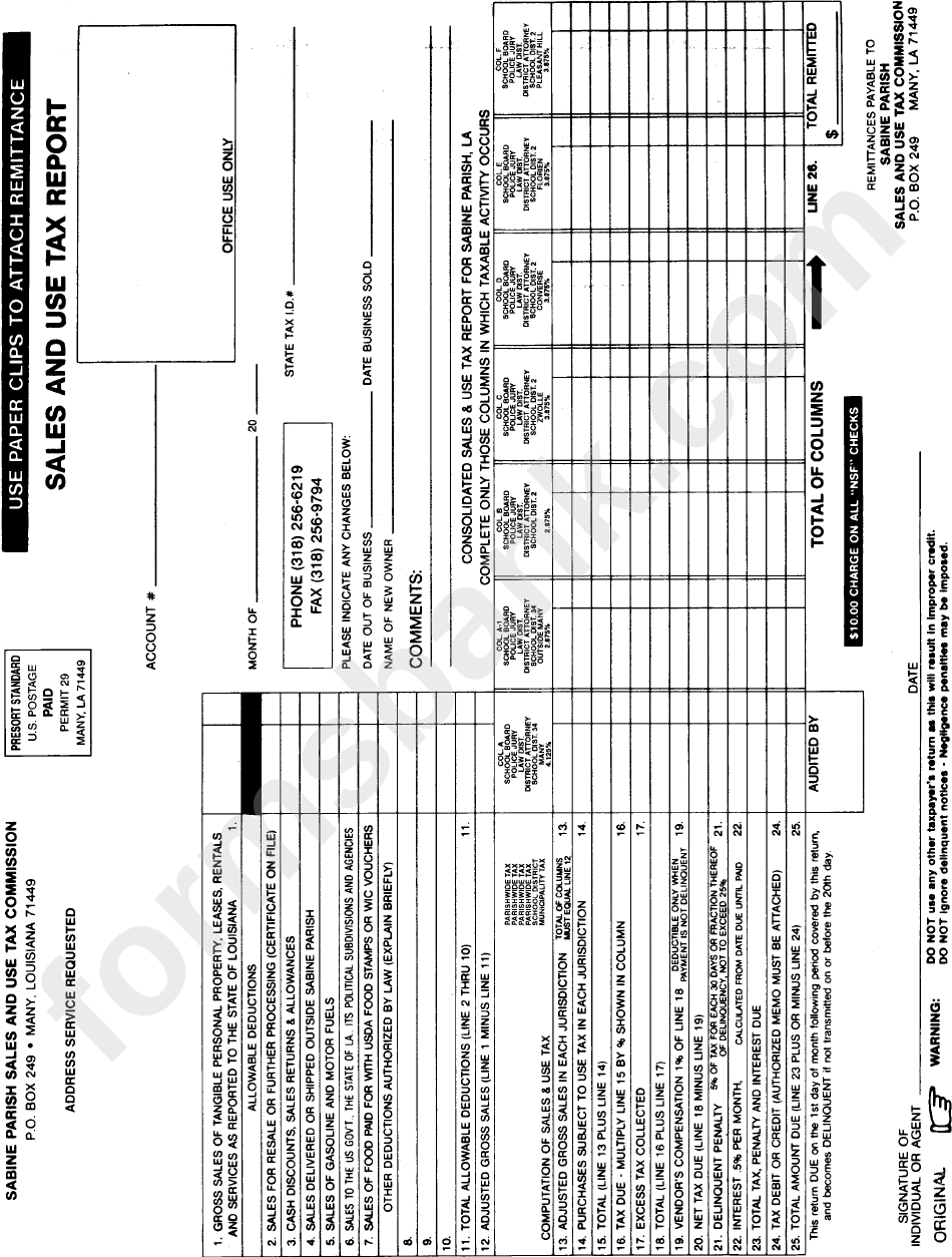 Sabine Parish Sales And Use Tax Report Form printable pdf download