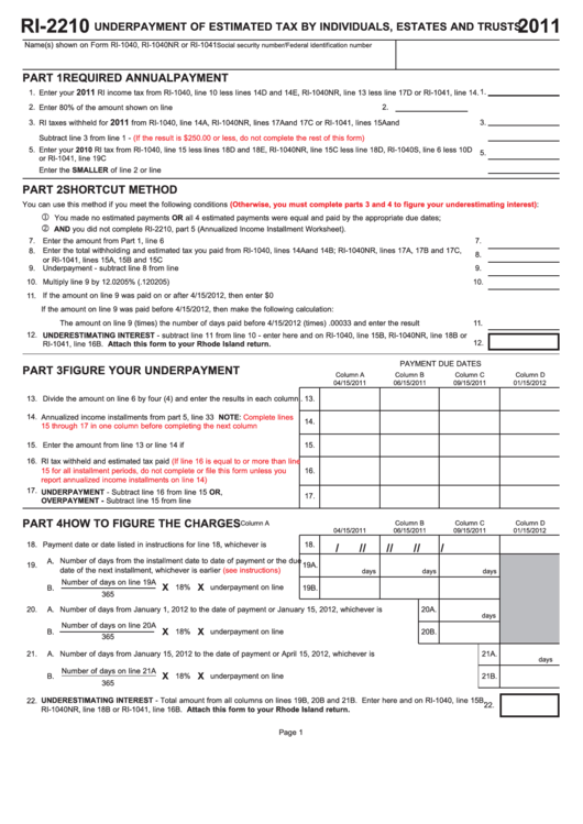Form Ri-2210 - Underpayment Of Estimated Tax By Individuals, Estates And Trusts - 2011 Printable pdf