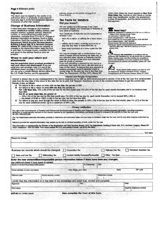 Form Dtf-95.1s - Change Of Business. Information For Vendors Printable pdf