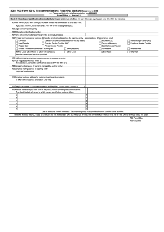 Fcc Form 499-A - Telecommunications Reporting Worksheet - 2003 Printable pdf