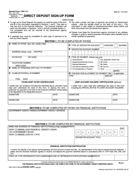 Fillable Form 1199a - Direct Deposit Sign-Up Printable pdf