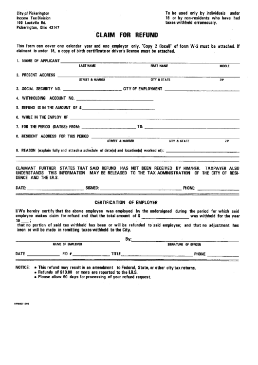 Claim For Refund - City Of Pickerington Printable pdf