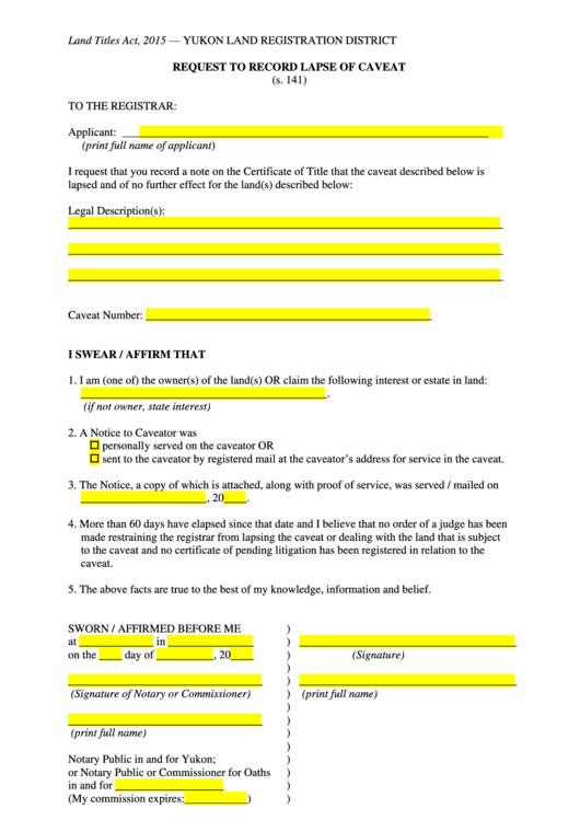 Form Ro: 1 - Request To Record Lapse Of Caveat - Yukon Land Registration District Printable pdf