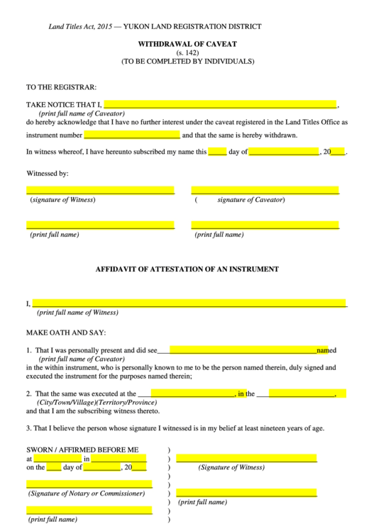 Withdrawal Of Caveat - Yukon Land Registration District Printable pdf