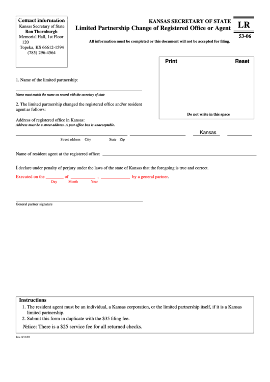 Fillable Form Lr 53-06 - Limited Partnership Change Of Registered Office Or Agent Printable pdf