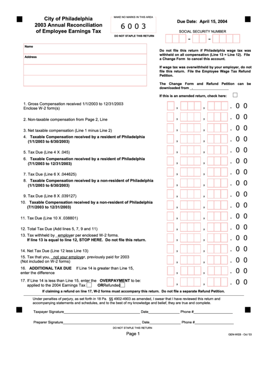 Fillable Form 6003 - Annual Reconciliation Of Employee Earnings Tax - 2003 Printable pdf