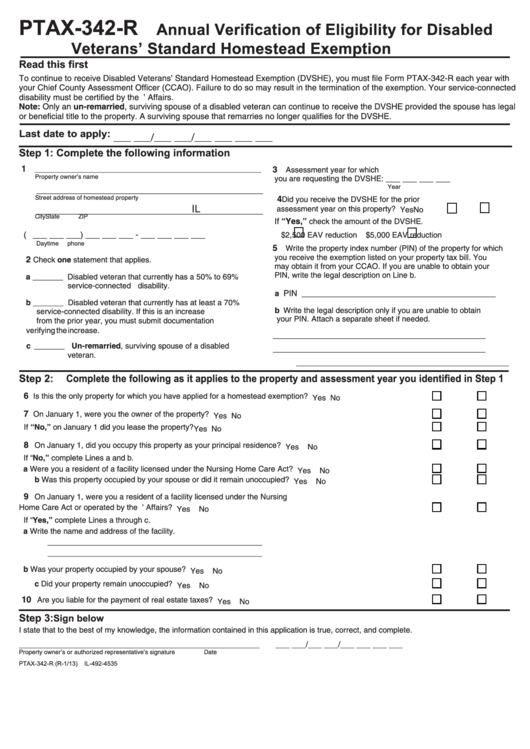 Form Ptax-342-R - Annual Verification Of Eligibility For Disabled Veterans