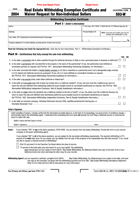 Fillable California Form 593-W - Real Estate Withholding Exemption Certificate And Waiver Request For Non-Individual Sellers - 2004 Printable pdf
