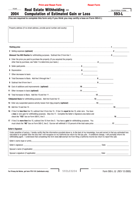Fillable California Form 593-L - Real Estate Withholding - Computation Of Estimated Gain Or Loss - 2004 Printable pdf