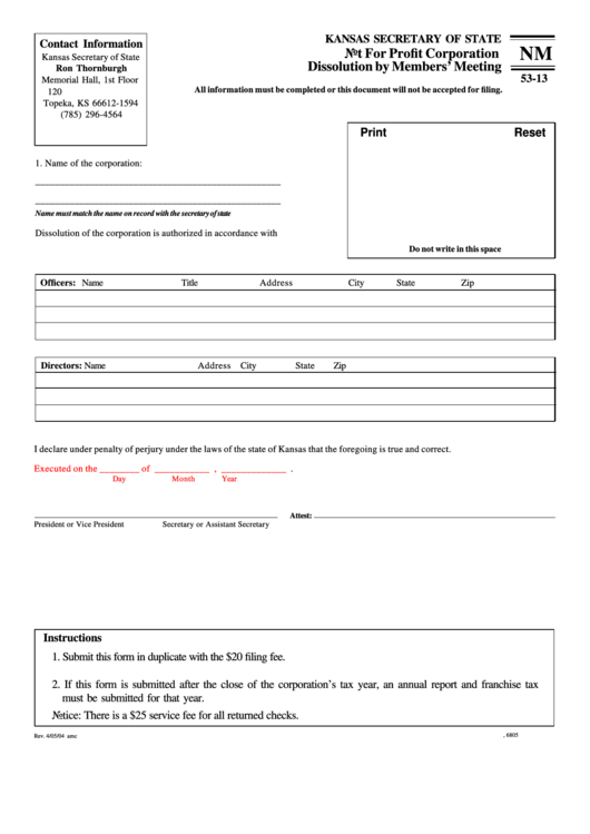 Fillable Form Nm 53-13 - Not For Profit Corporation Dissolution By Members