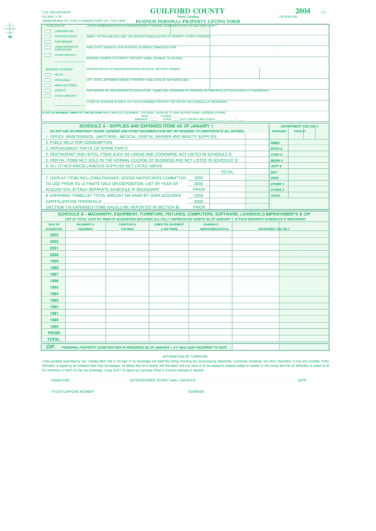 Business Personal Property Listing Form - Guilford County - 2004 Printable pdf