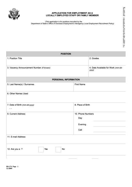 Form Ds-174 - Application For Employment As A Locally Employed Staff Or Family Member - U.s. Mission Printable pdf