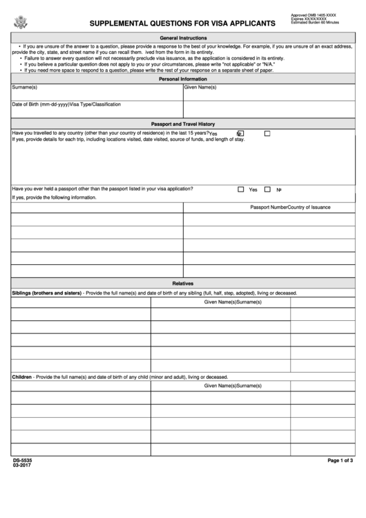 Form Ds-5535 - Supplemental Questions For Visa Applicants - U.s. Department Of State Printable pdf