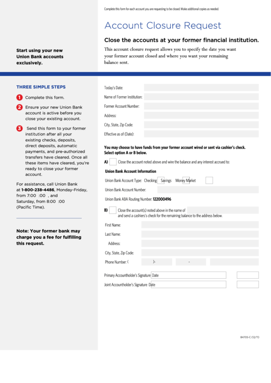 Form 84705-C - Account Closure Request Printable pdf