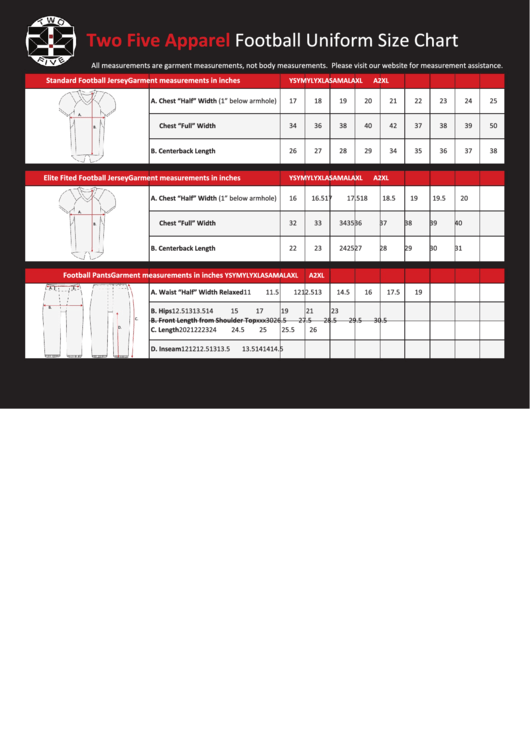 Football Uniform Size Chart - Two Five Apparel Printable pdf