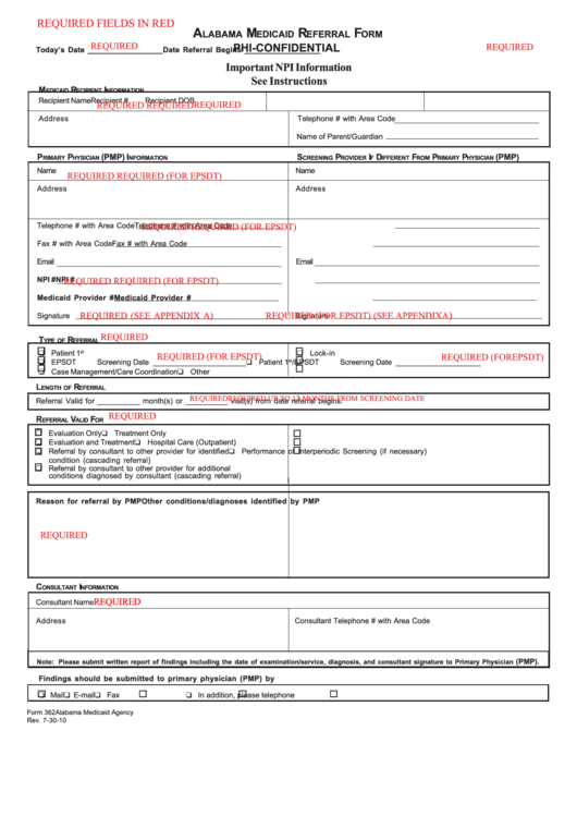Form 362 - Alabama Medicaid Referral Form Printable pdf