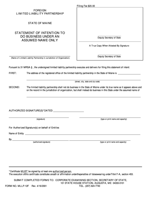 Fillable Form Mllp-12f - Statement Of Intention To Do Business Under An Assumed Name Only - Maine Secretary Of State Printable pdf