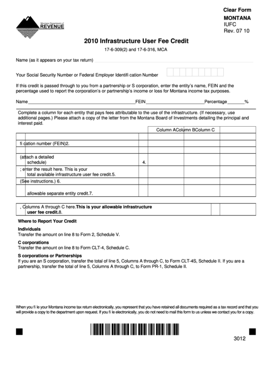 Fillable Form Iufc - Infrastructure User Fee Credit - Montana Department Of Revenue - 2010 Printable pdf
