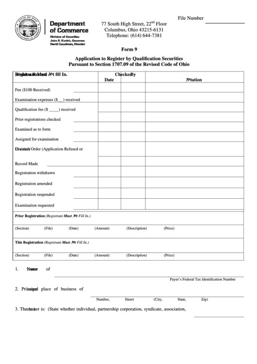 Form 9 - Application To Register By Qualification Securities Pursuant To Section 1707.09 Of The Revised Code Of Ohio - Ohio Dept. Of Commerce Printable pdf
