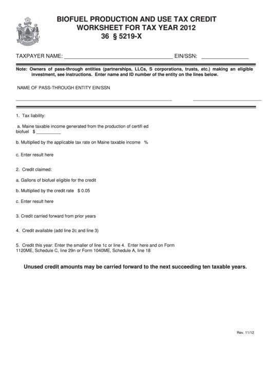Biofuel Production And Use Tax Credit Worksheet - 2012 Printable pdf