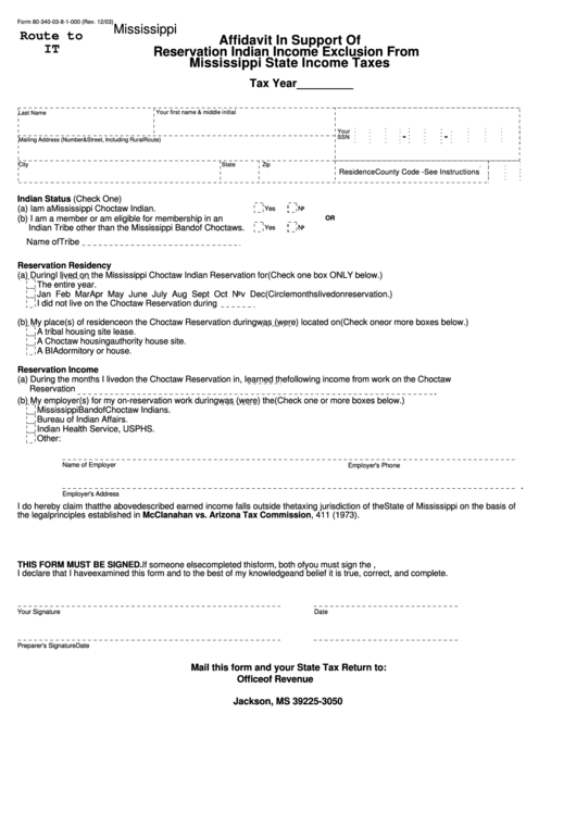 Form 80-340-03-8-1-000 - Affidavit In Support Of Reservation Indian Income Exclusion From Mississippi State Income Taxes - 2003 Printable pdf