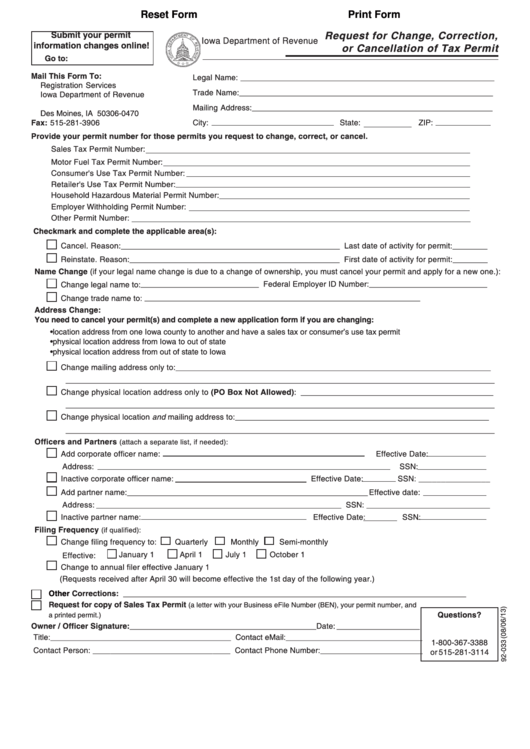 Fillable Form 92-033 - Request For Change, Correction, Cancellation Of Tax Permit Printable pdf