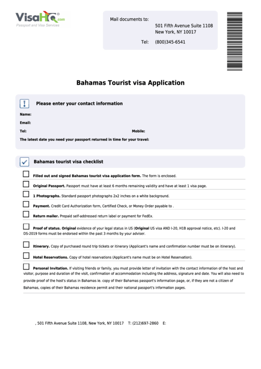 Fillable Bahamas Tourist Visa Application Printable pdf