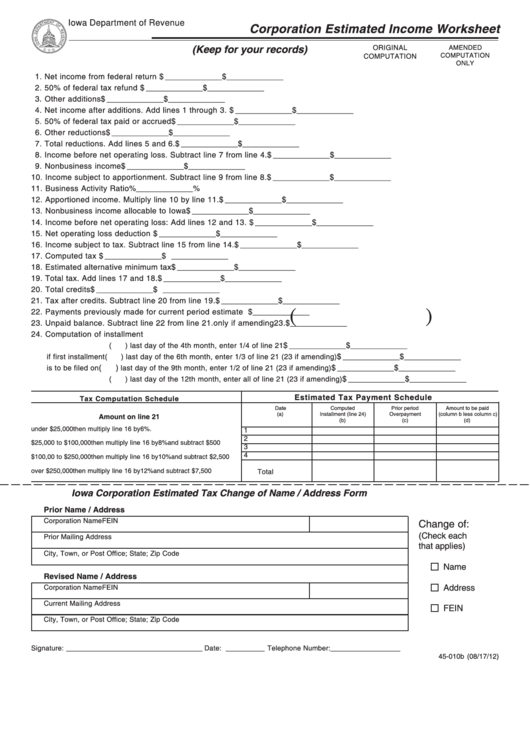 Form 45-010b - Corporation Estimated Income Worksheet - Iowa Department Of Revenue Printable pdf
