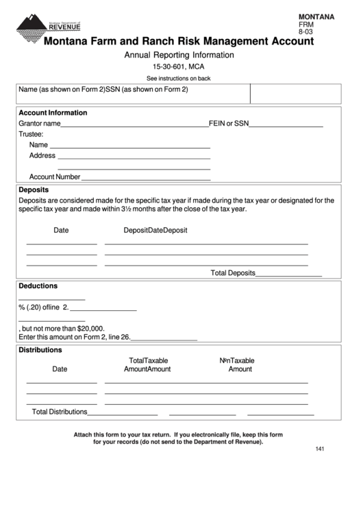 Form Frm - Montana Farm And Ranch Risk Management Account - Montana Dept.of Revenue Printable pdf