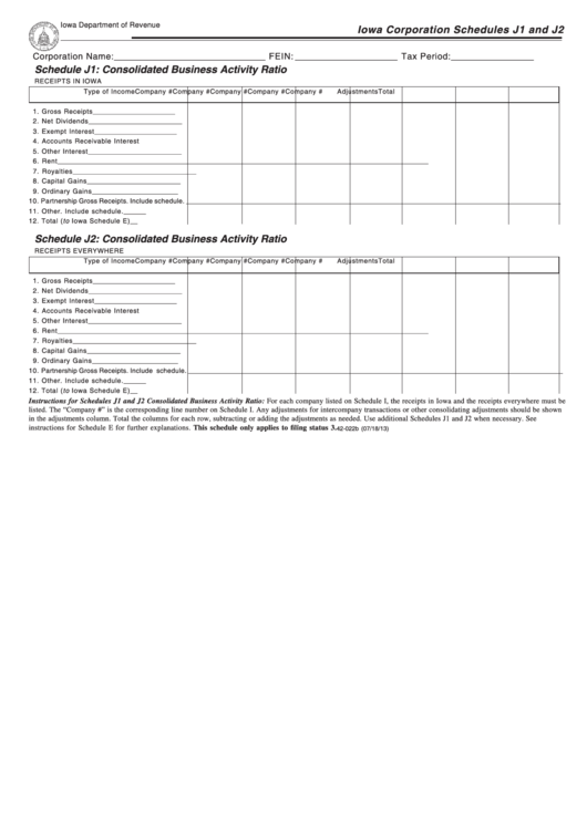 Fillable Form 42-022b - Iowa Corporation Schedules J1 And J2 - Iowa Department Of Revenue Printable pdf