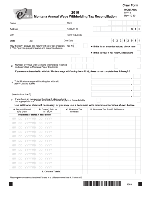 Fillable Form Mw-3 - Montana Annual Wage Withholding Tax Reconciliation - 2010 Printable pdf