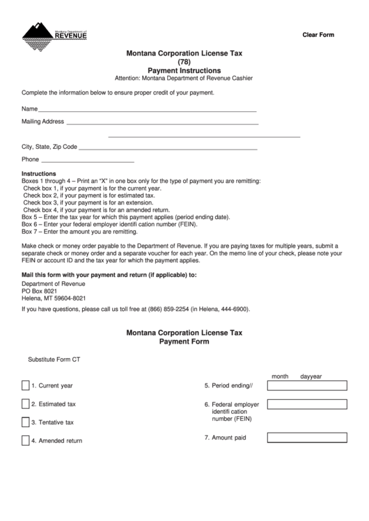 Fillable Montana Corporation License Tax - Payment Form - Montana Department Of Revenue Printable pdf