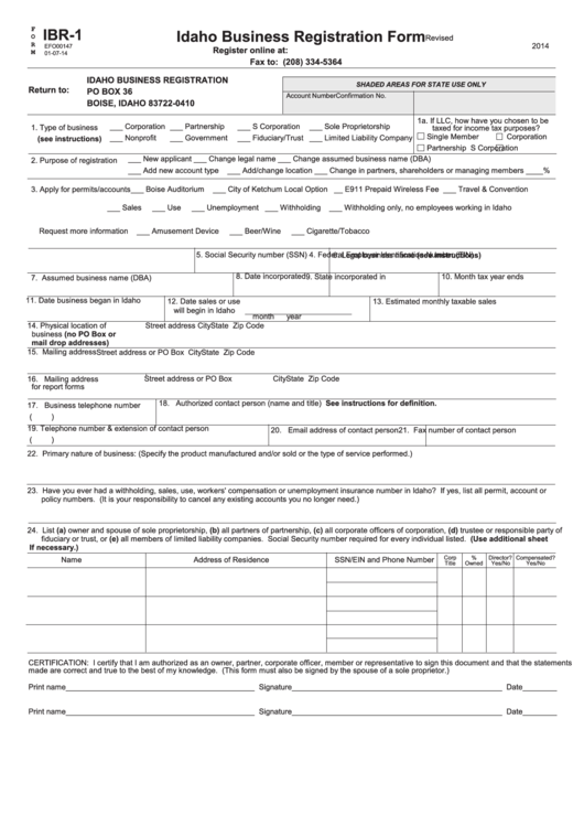 Form Ibr-1 - Idaho Business Registration Form Printable pdf