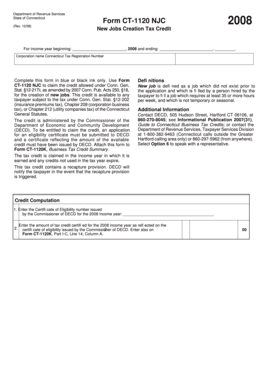 Form Ct-1120 Njc - New Jobs Creation Tax Credit - 2008 Printable pdf
