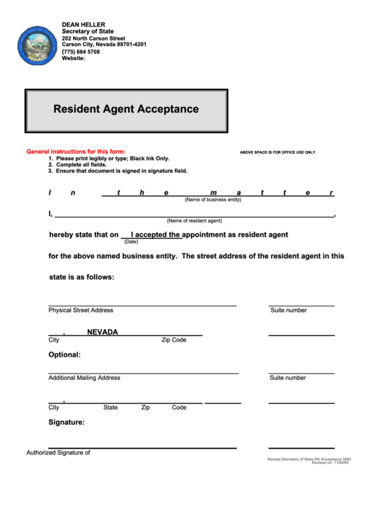 Resident Agent Acceptance - Nevada Secretary Of State Printable pdf