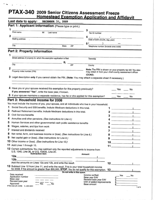 Form Ptax-340 - Senior Citizens Assessment Freeze Homestead Exemption Application And Affidavit - 2009 Printable pdf