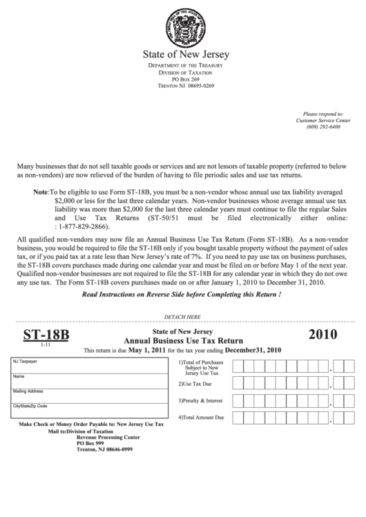 Fillable Form St-18b - Annual Business Use Tax Return - 2010 Printable pdf