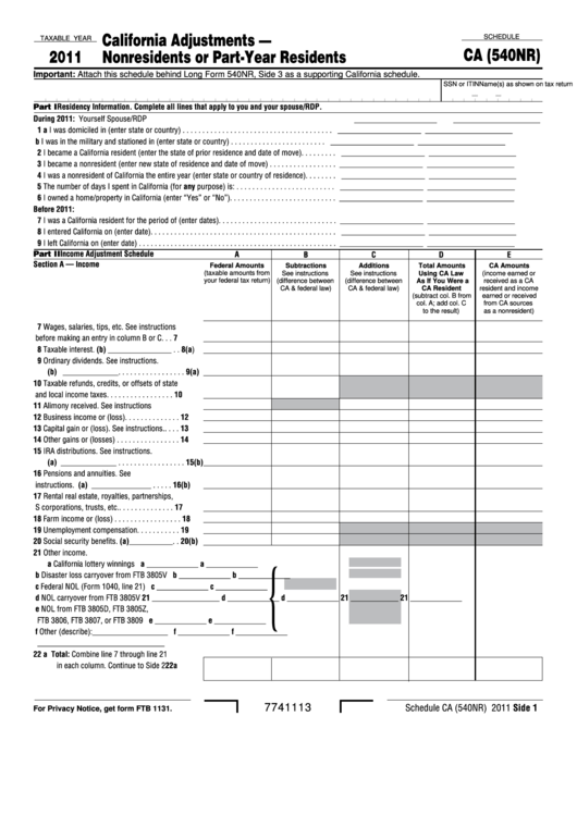 Fillable Schedule Ca (540nr) - California Adjustments - Nonresidents Or Part-Year Residents - 2011 Printable pdf
