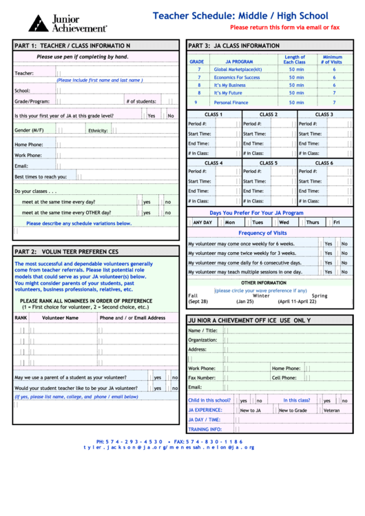 Teacher Schedule: Middle / High School Printable pdf
