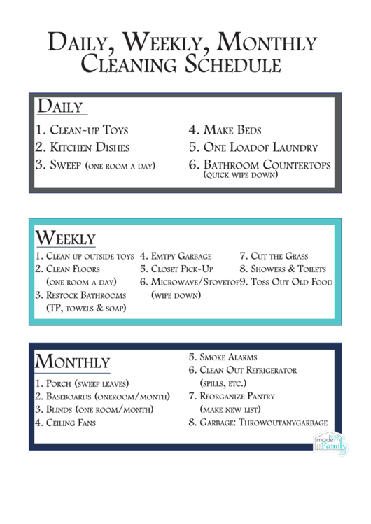 Daily Weekly Monthly Cleaning Schedule Printable Pdf Download