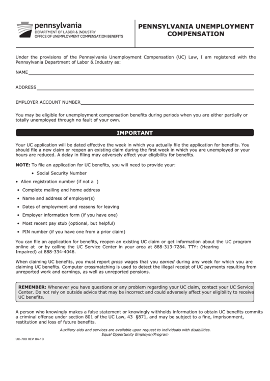 Form Uc-700 - Pennsylvania Unemployment Compensation - Department Of Labor & Industry Printable pdf