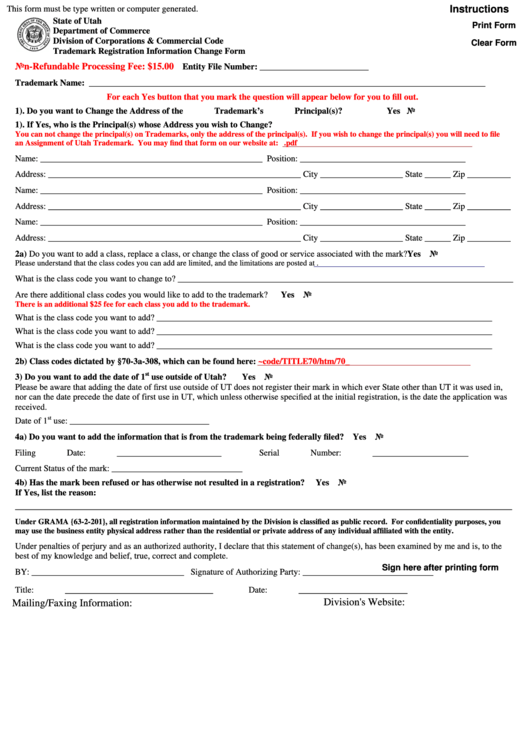 Fillable Trademark Registration Information Change Form - Utah Department Of Commerce Printable pdf