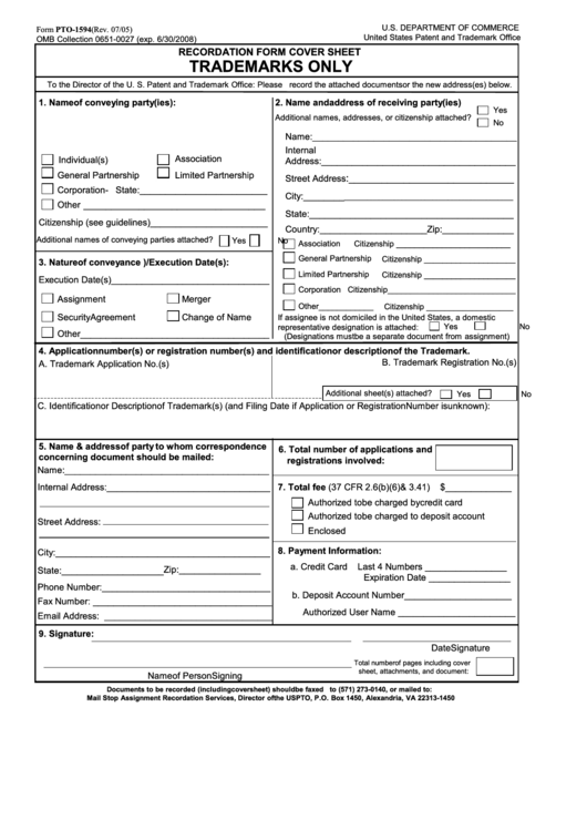 Fillable Form Pto-1594 - Recordation Form Cover Sheet Printable pdf