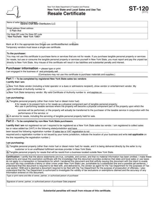Fillable Form St-120 - Resale Certificate - New York State Department Of Taxation And Finance Printable pdf