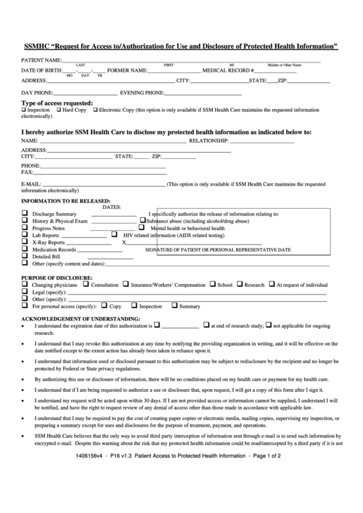 Request For Access To/authorization For Use And Disclosure Of Protected Health Information Printable pdf