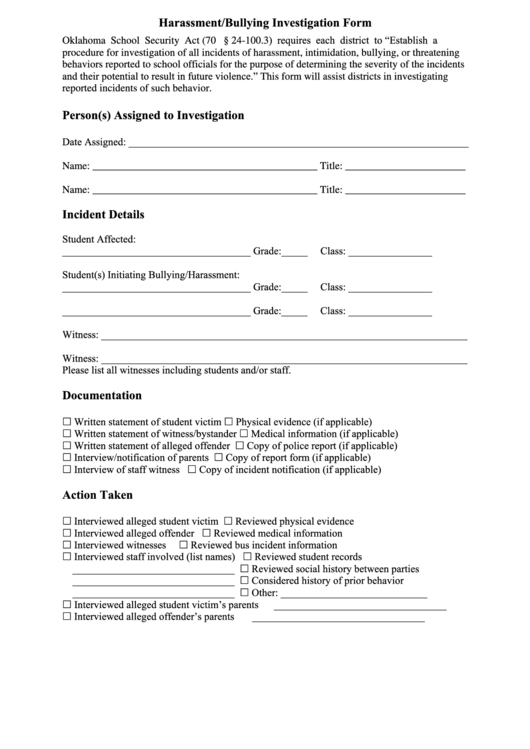 Fillable Harassment/bullying Investigation Form Printable pdf