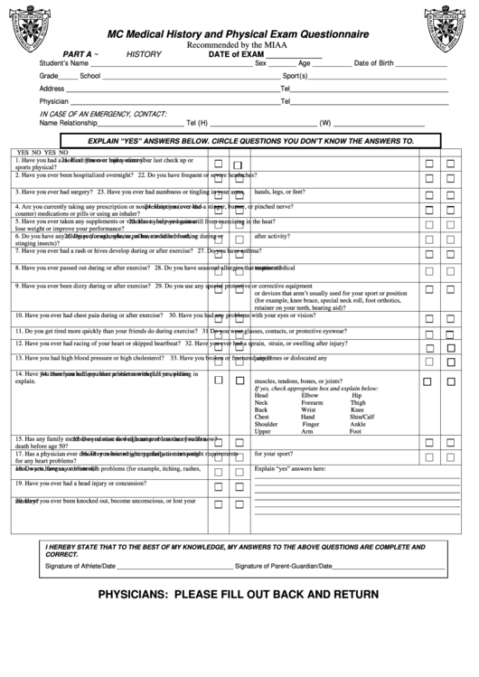 Medical History & Physical Exam Questionnaire Form Printable pdf