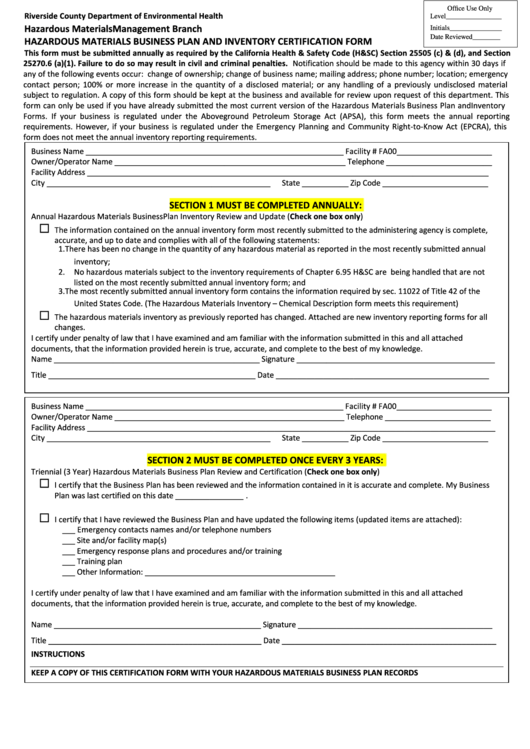 Fillable Hazardous Materials Business Plan And Inventory Certification Form - Riverside Country Department Of Environmental Health Printable pdf