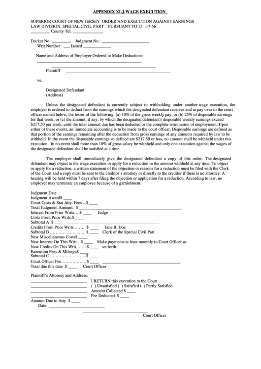 Appendix Xi-J - Wage Execution - Superior Court Of New Jersey Printable pdf