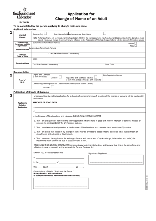 Fillable Application For Change Of Name Of An Adult - Vital Statistics Division Printable pdf